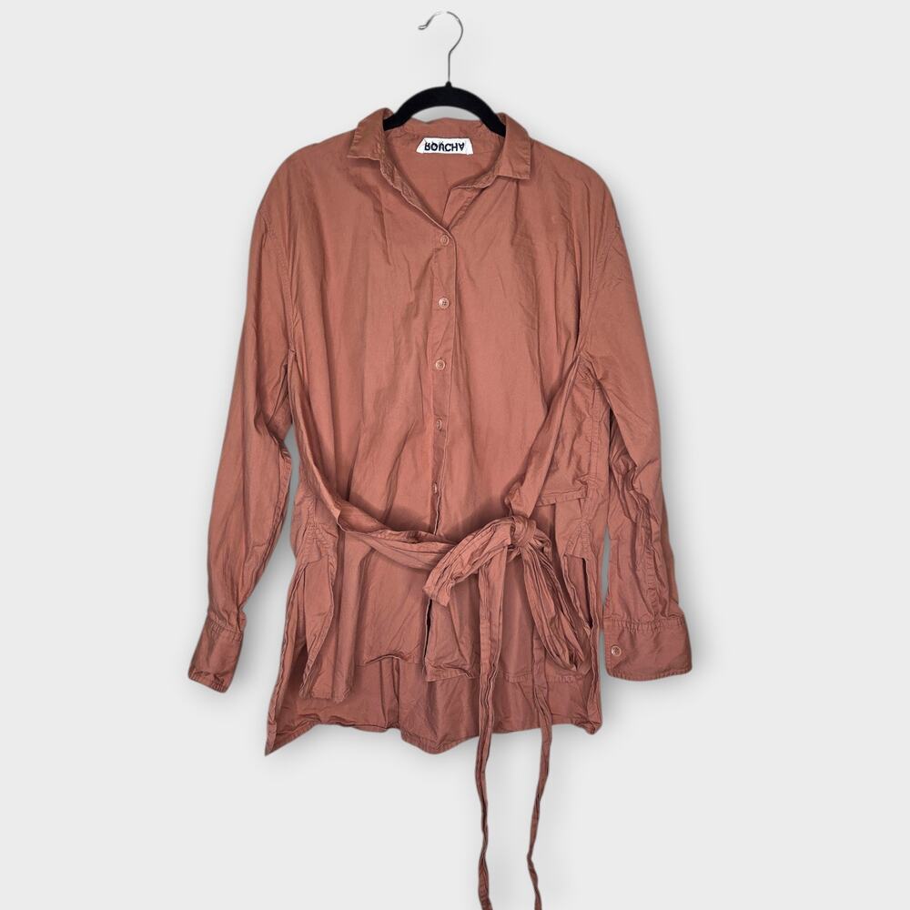 Roucha Tie Waist Back Blouse Long Sleeve 100% Cotton Muted Orange Women's Lg